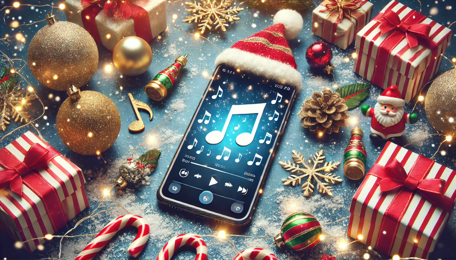 Holiday-themed smartphone featuring music notes, decorations like ornaments, candy canes, and a snowy backdrop